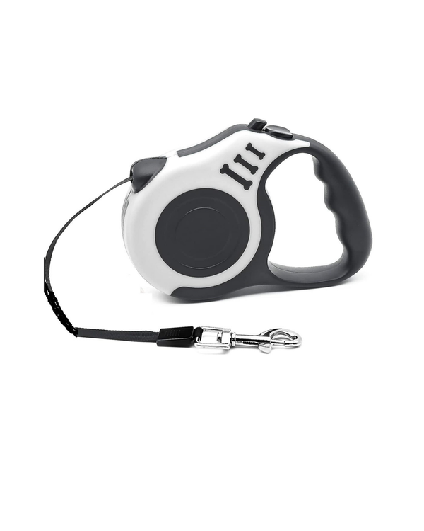 Retractable dog leash white and black with ergonomic handle and metal clasp