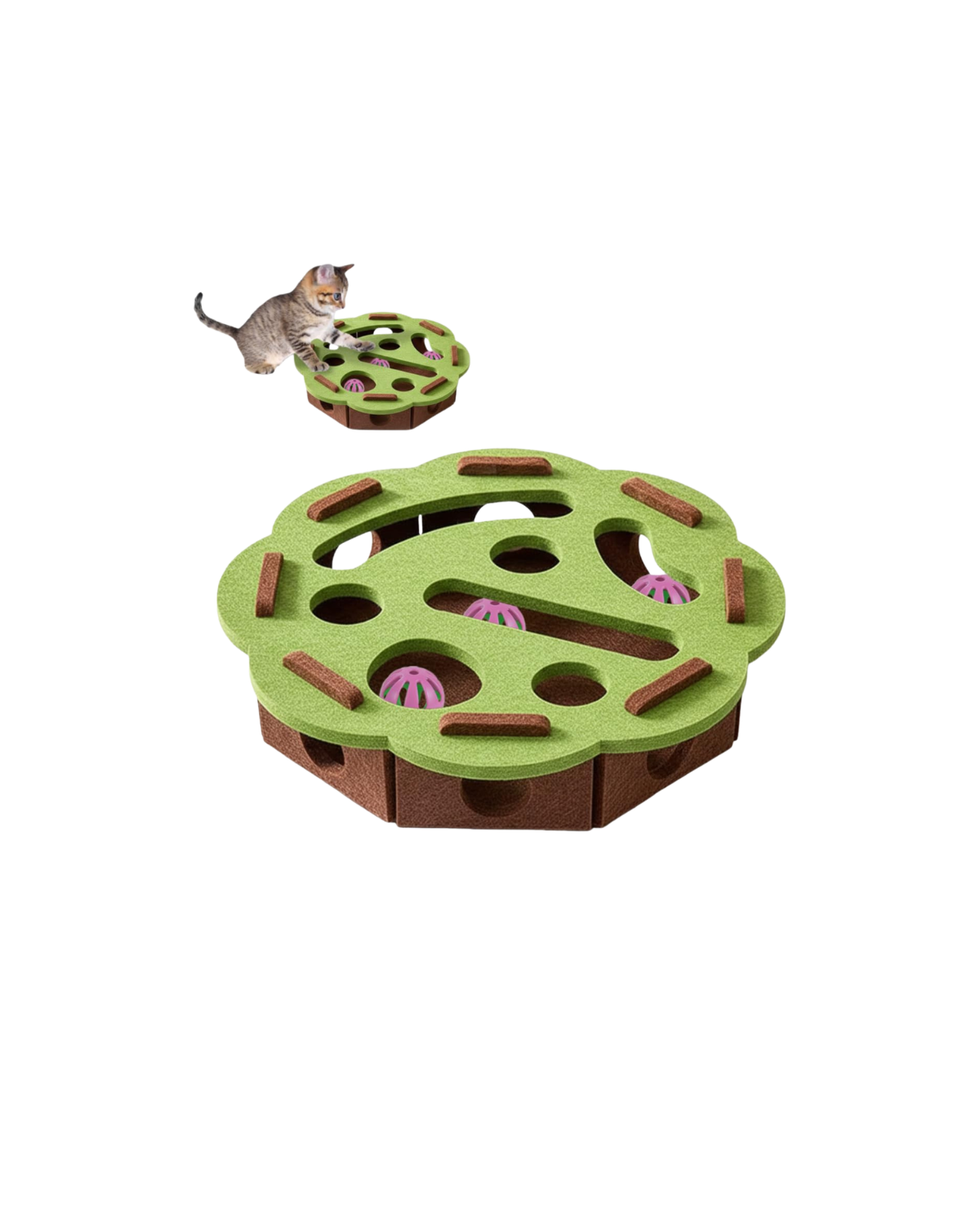 Interactive cat puzzle board with bell balls and kitten playing