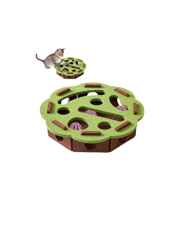 Interactive cat puzzle board with bell balls and kitten playing
