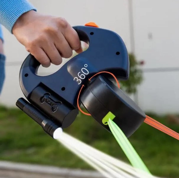 Double Retractable Dog Leash 360 with poop holder and LED light