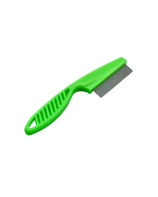 Green fine-tooth stainless steel flea and tick comb for cats and dogs
