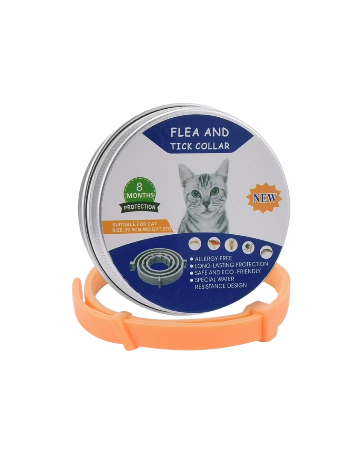 8-month flea and tick collar for cats, adjustable and waterproof, orange