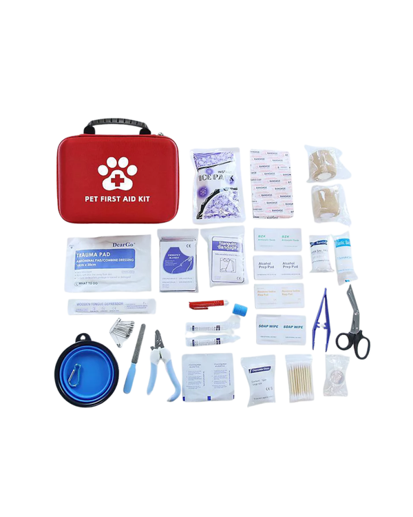 A pet first aid kit laid out on a white background, including a red carrying case with a white paw print logo, bandages, gauze, tweezers, nail clippers, a blue collapsible bowl, and other medical supplies.