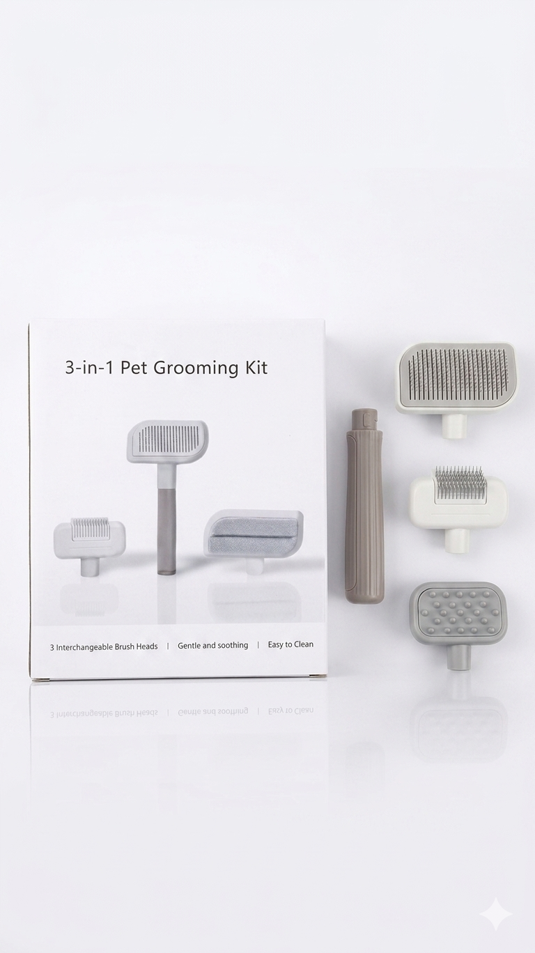 3-in-1 Pet Grooming Kit with interchangeable brush heads