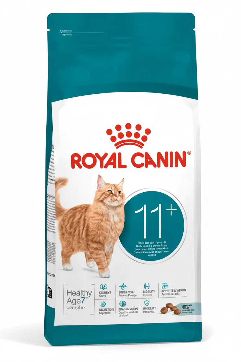 A bag of Royal Canin 11+ cat food for healthy adult cats, featuring a white and teal package with an orange tabby cat illustration and the Royal Canin logo.
