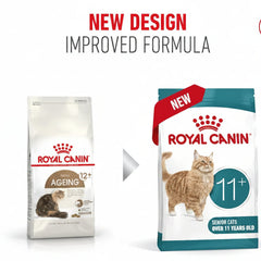 Two bags of Royal Canin Senior Cat 11+ food are shown side by side on a white background with promotional text reading 'NEW DESIGN IMPROVED FORMULA' and a cat illustration on the front bag.